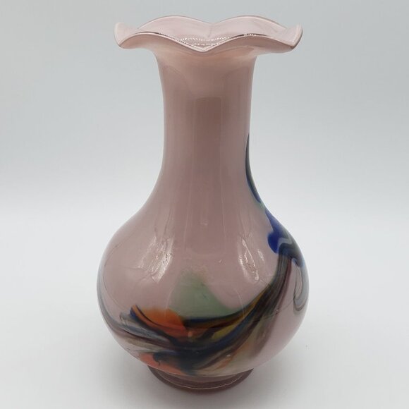 Satin Pink or Violet Multicoloured Swirls Spots Crimped Top Art Glass Vase - Picture 3 of 6